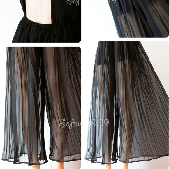 Black Sheer Pleated Wide Leg Palazzo Pant Jumpsuit - Picture 4 of 8
